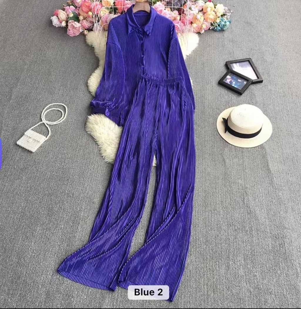 Luxe Pleated Two-Piece Shirt & Wide-Leg Pants Co-Ord Set