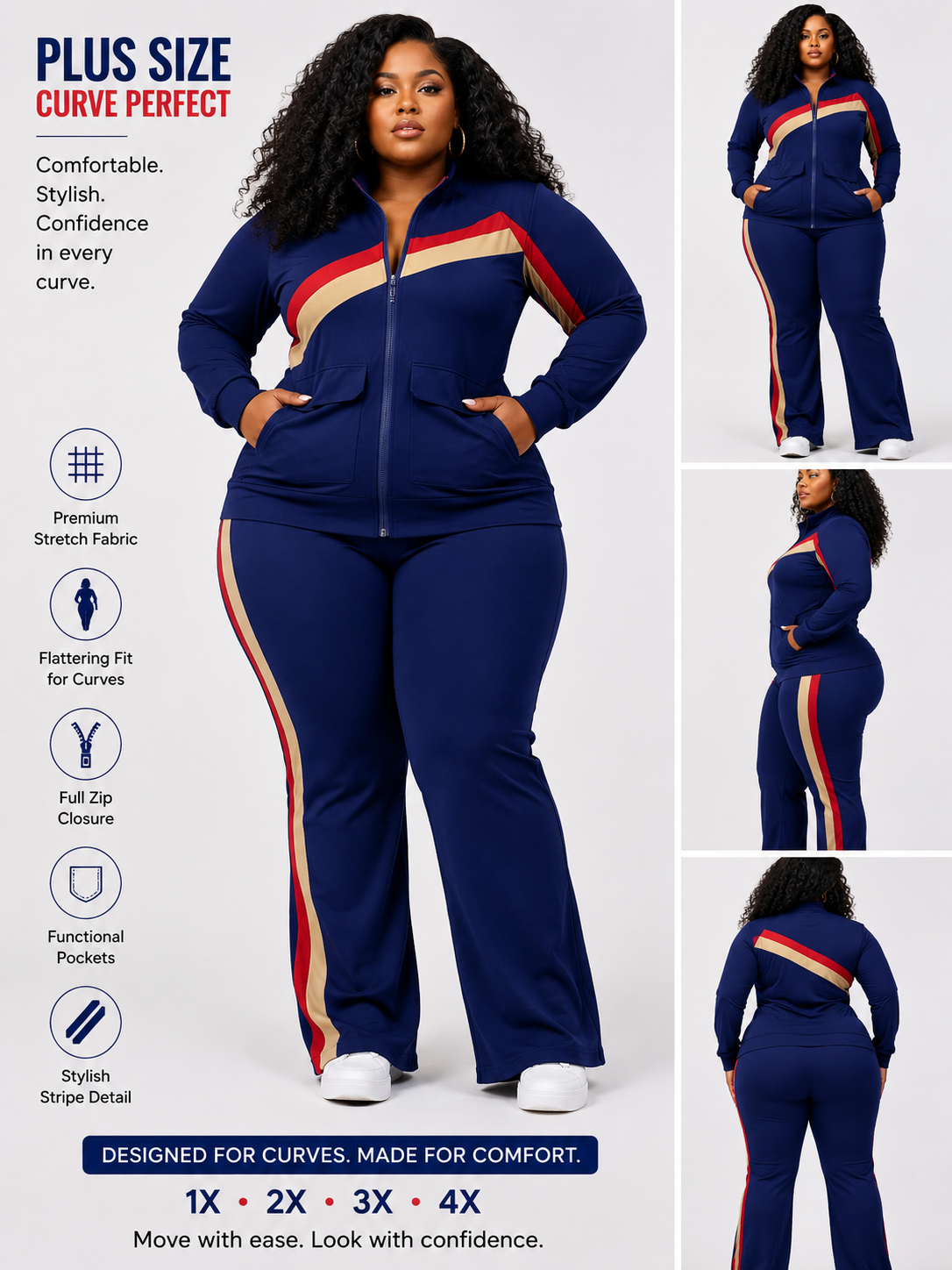 (SEO-Friendly): Curve Perfect Colorblock Tracksuit Set – Plus Size Zip-Up & Flare Pants