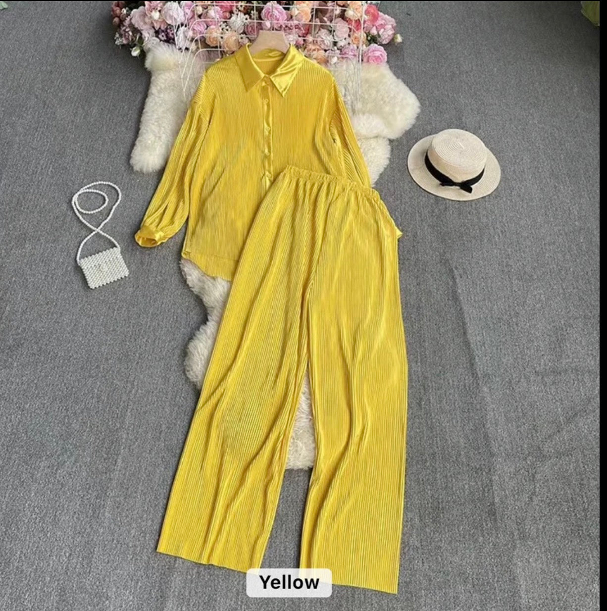Luxe Pleated Two-Piece Shirt & Wide-Leg Pants Co-Ord Set