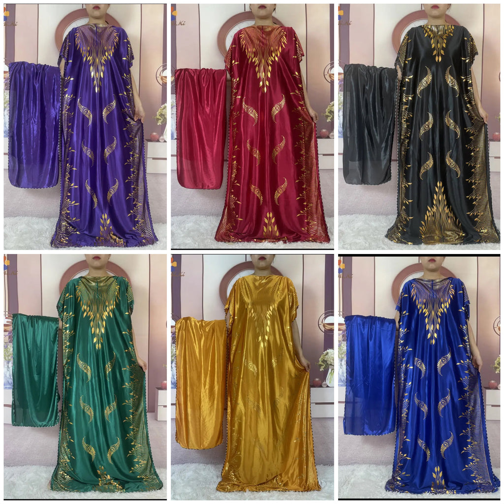Gold Foil Print Satin Kaftan Dress with Matching Headwrap – Summer’s African Dashiki Bubu Gown