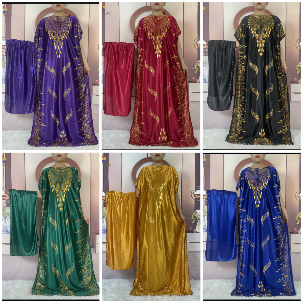 Gold Foil Print Satin Kaftan Dress with Matching Headwrap – Summer’s African Dashiki Bubu Gown