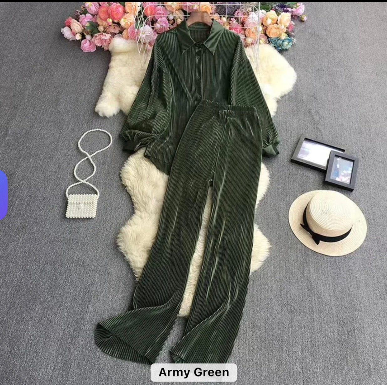Luxe Pleated Two-Piece Shirt & Wide-Leg Pants Co-Ord Set