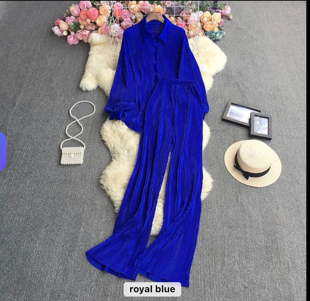 Luxe Pleated Two-Piece Shirt & Wide-Leg Pants Co-Ord Set