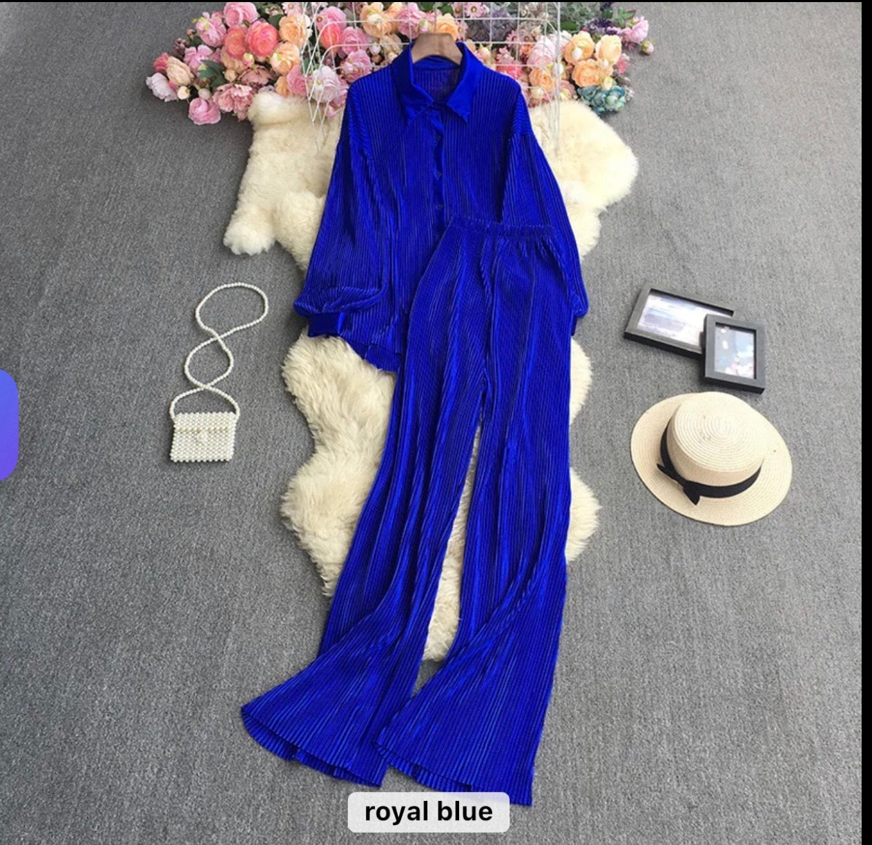 Luxe Pleated Two-Piece Shirt & Wide-Leg Pants Co-Ord Set
