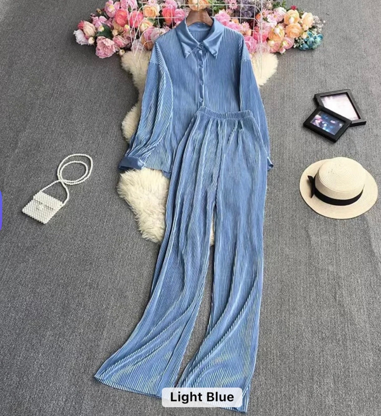 Luxe Pleated Two-Piece Shirt & Wide-Leg Pants Co-Ord Set