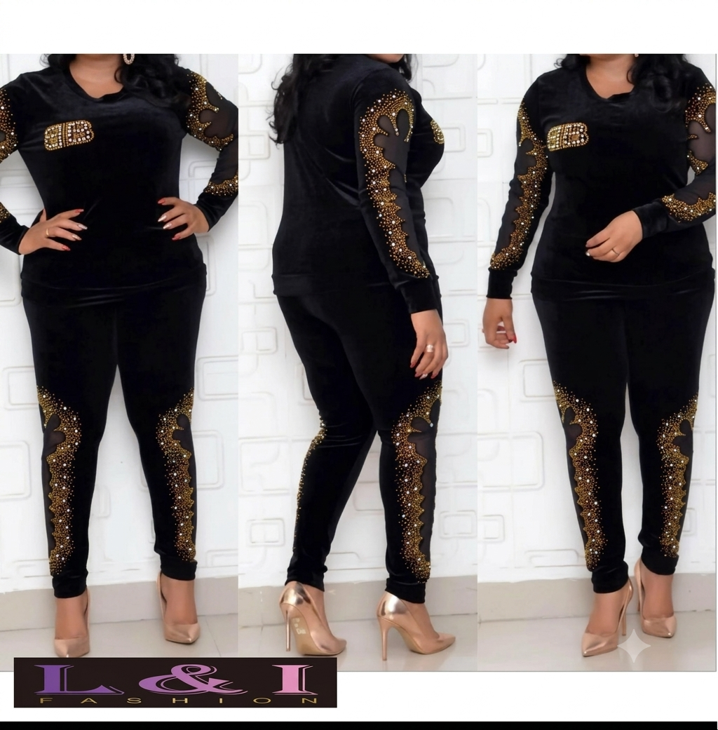 Luxurious Dark BLACK Velvet Two-Piece Set