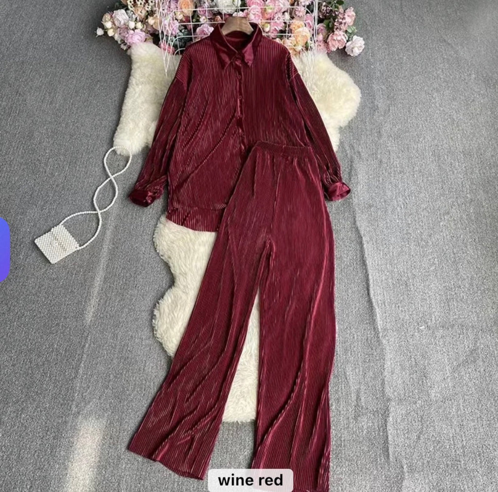 Luxe Pleated Two-Piece Shirt & Wide-Leg Pants Co-Ord Set