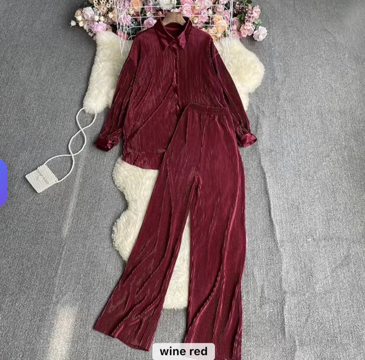 Luxe Pleated Two-Piece Shirt & Wide-Leg Pants Co-Ord Set