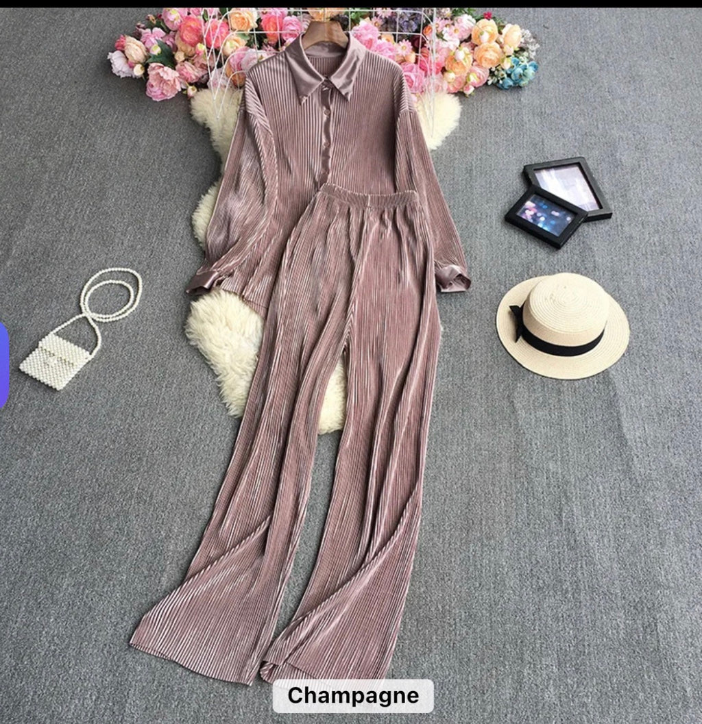 Luxe Pleated Two-Piece Shirt & Wide-Leg Pants Co-Ord Set