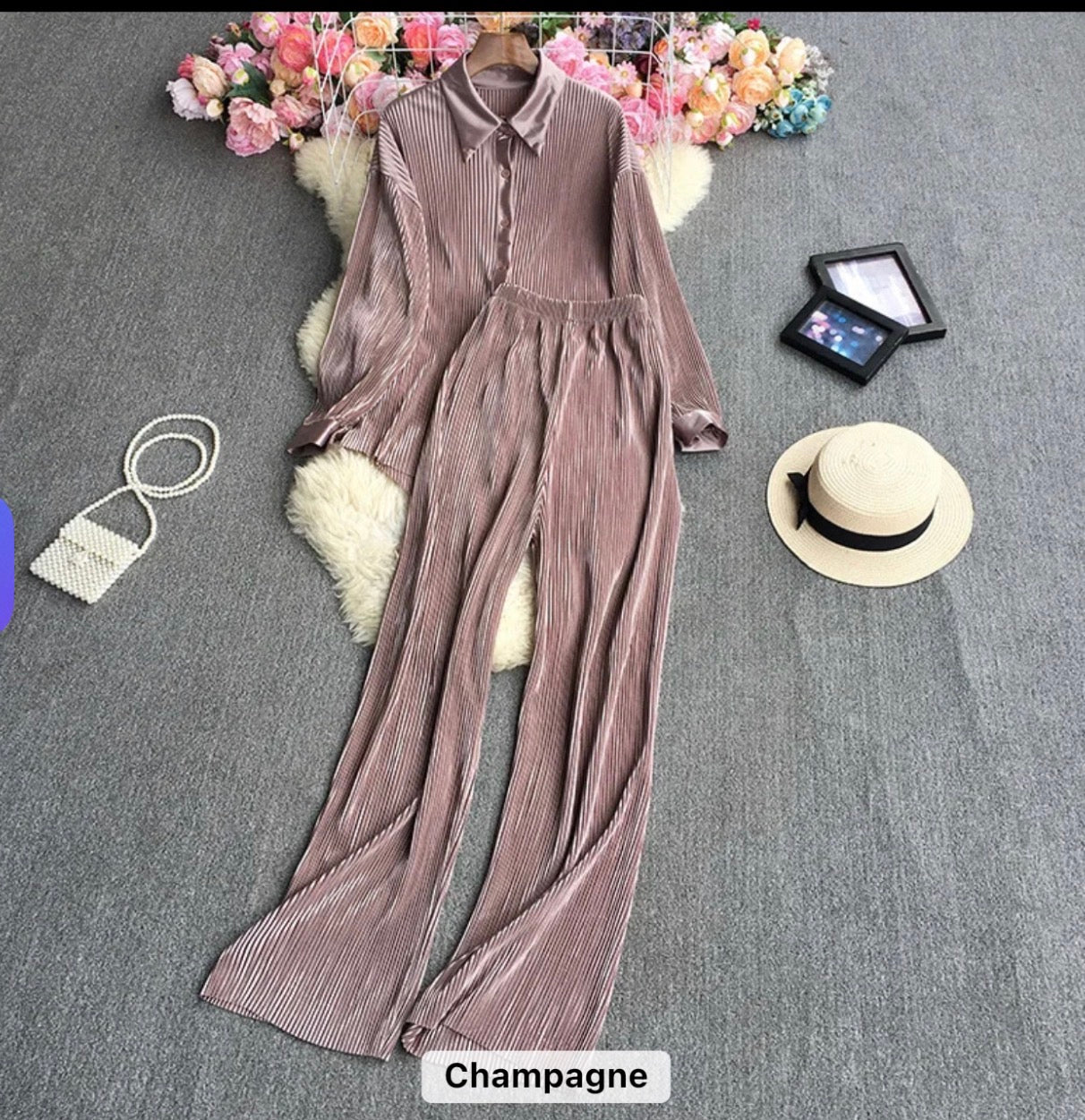Luxe Pleated Two-Piece Shirt & Wide-Leg Pants Co-Ord Set