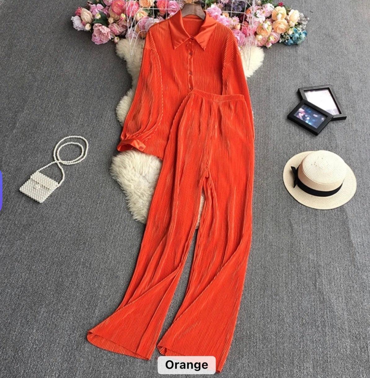 Luxe Pleated Two-Piece Shirt & Wide-Leg Pants Co-Ord Set