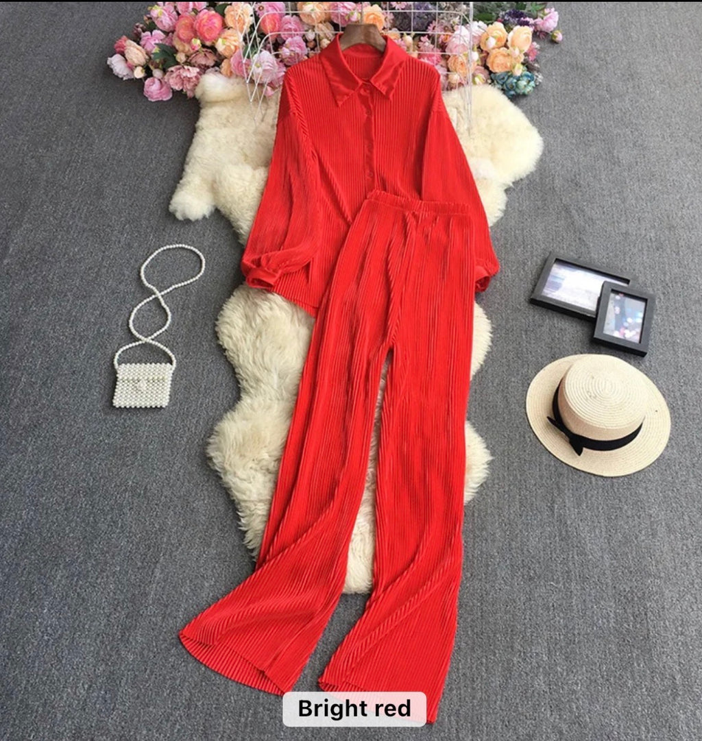 Luxe Pleated Two-Piece Shirt & Wide-Leg Pants Co-Ord Set