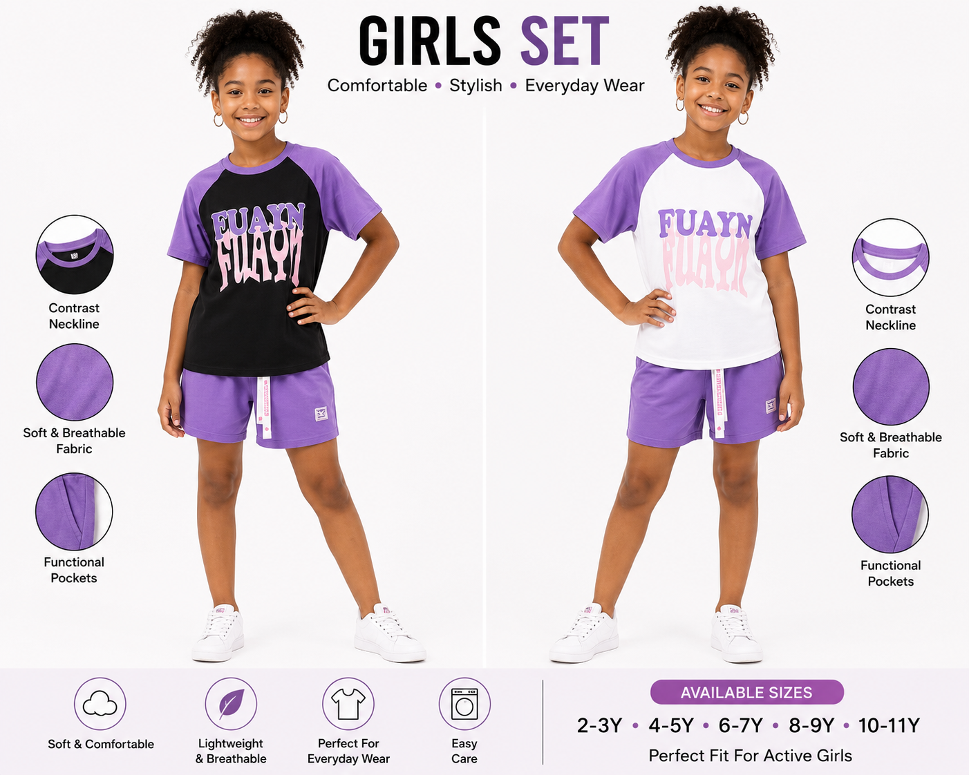Girls' Graphic Raglan Tee & Shorts 2-Piece Summer Set